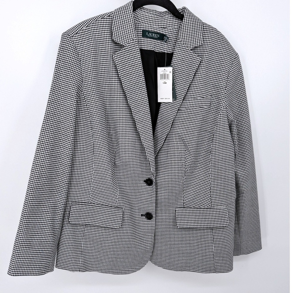 Lauren Ralph Lauren Blazer Women 14W Black White Houndstooth Two Button Office